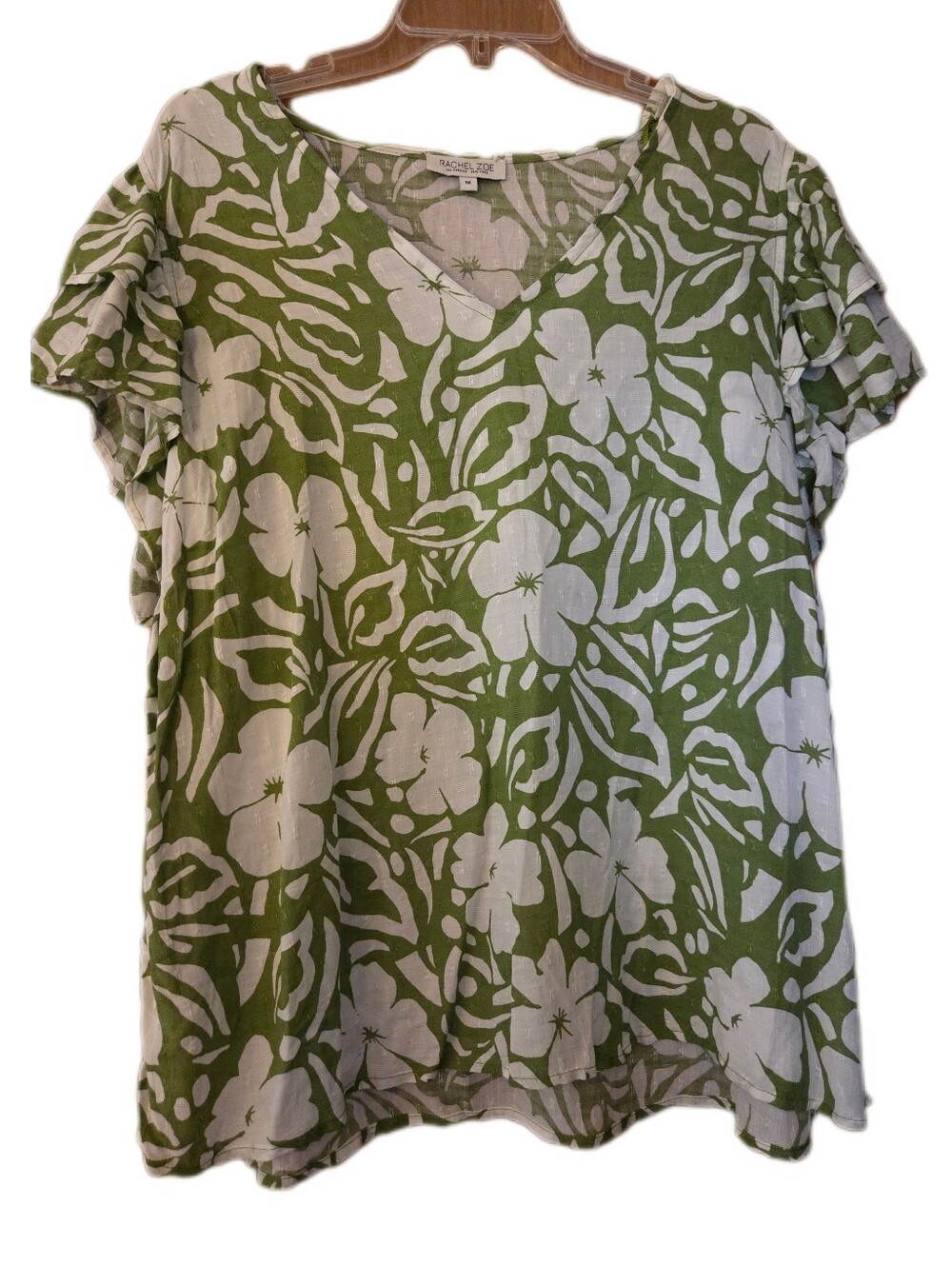 Rachel Zoe Green/White Floral V Neck Flutter Sleeves Flowy Top Plus Size 1X